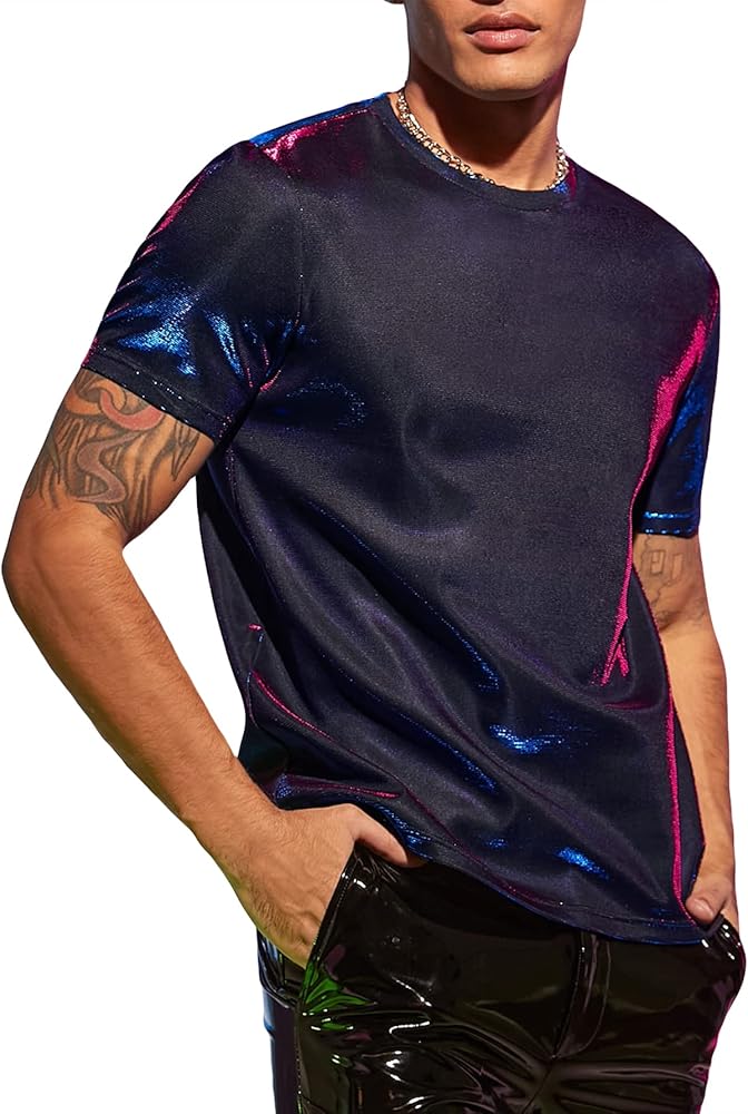 WDIRARA Men's Metallic T Shirt Holographic Round Neck Short Sleeve Shiny Tee Tops