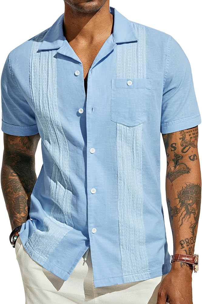 PJ PAUL JONES Men's Cuban Guayabera Shirts Button Down Linen Beach Shirt