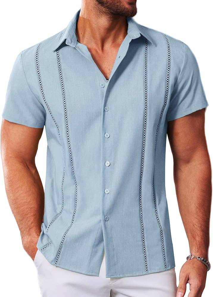 Men's Cuban Guayabera Casual Shirts Button Down Short Sleeve Dress Shirt Summer Beach Mexican Tops