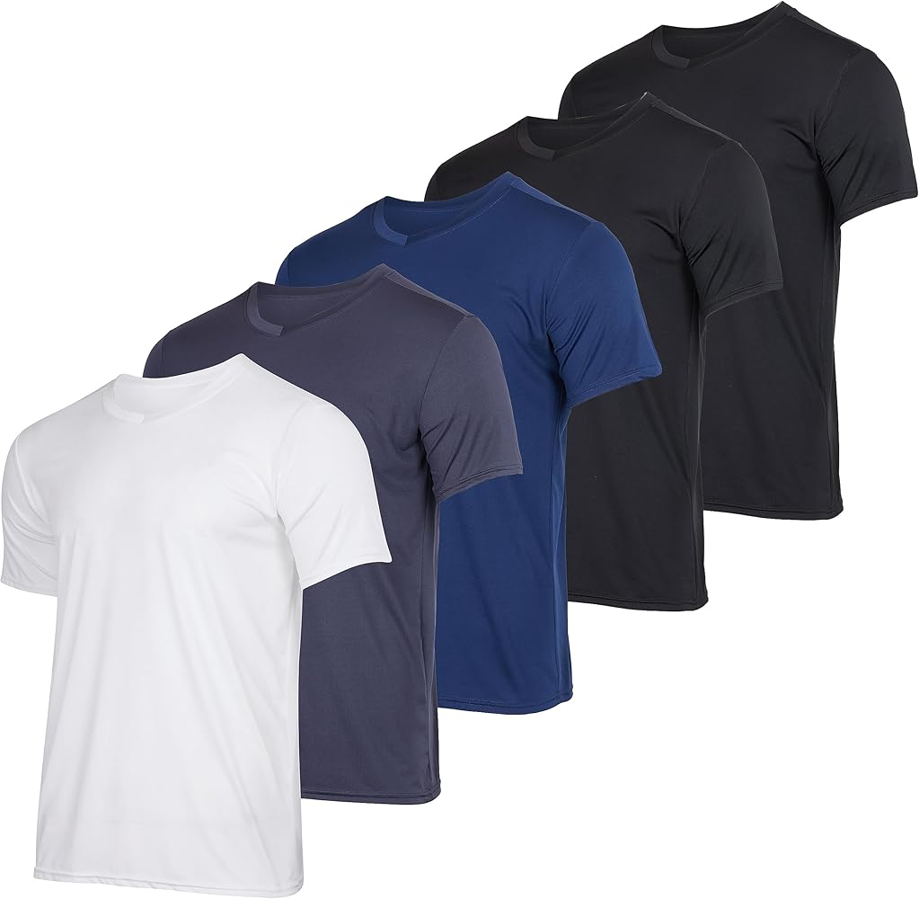 Real Essentials 5 Pack: Men’s V-Neck Dry-Fit Moisture Wicking Active Athletic Tech Performance T-Shirt