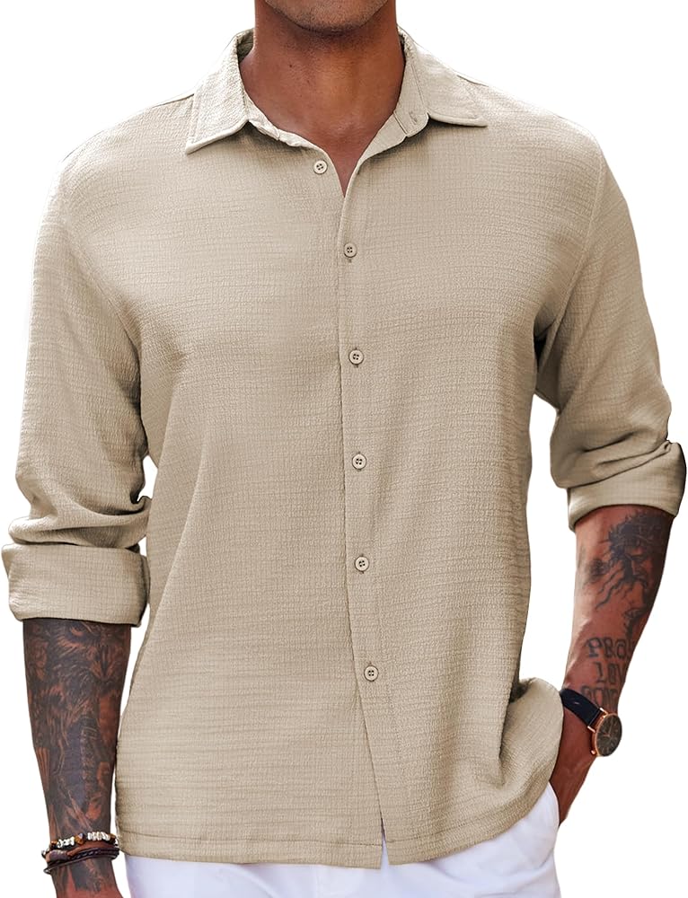 COOFANDY Men's Casual Long Sleeve Button Down Shirt Textured Wrinkle-Free Untucked Shirt