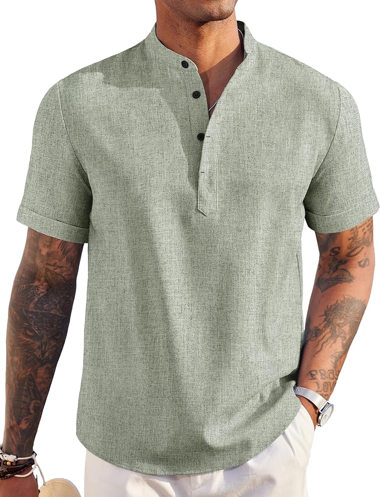 COOFANDY Men's Linen Henley Shirt Short Sleeve Casual Summer Beach Hippie T Shirts