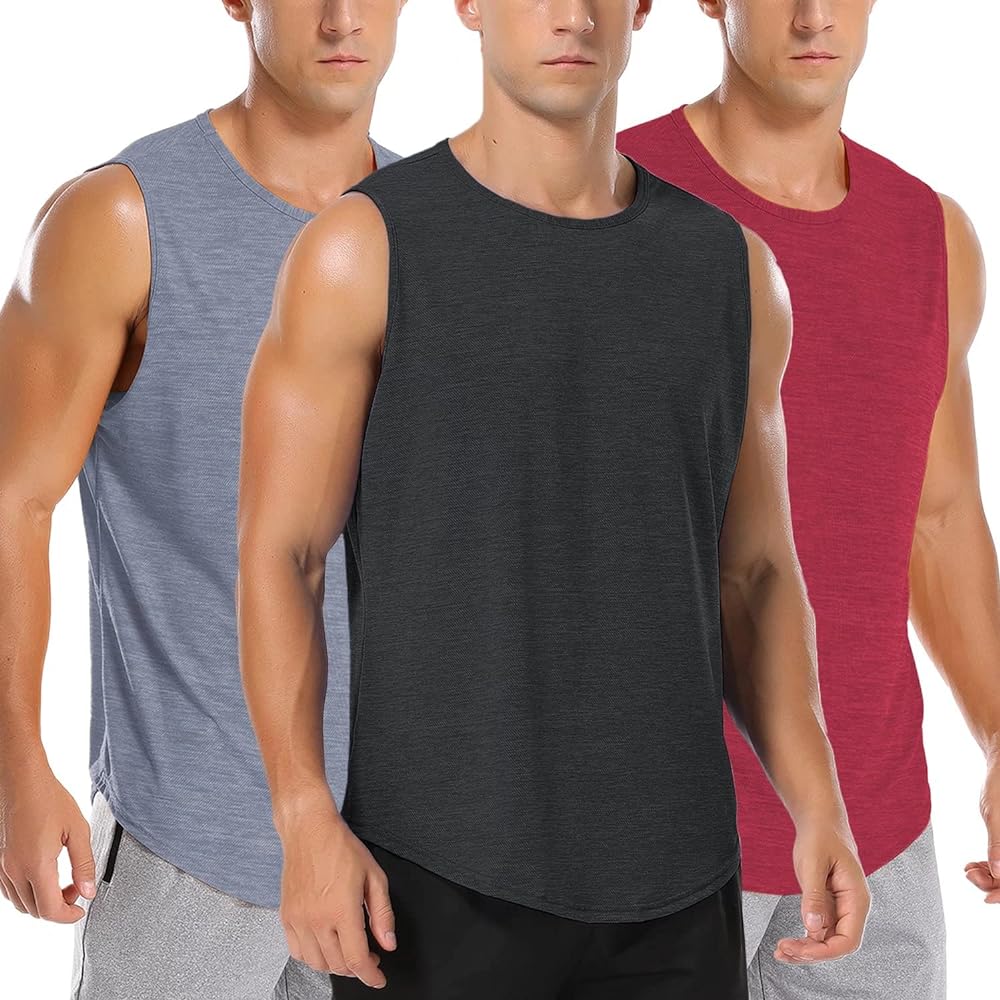 Amussiar Men's 3 Pack Workout Tank Tops Mesh Gym Sleeveless Dry Fit Bodybuilding Shirts Fitness Athletic Muscle Tee