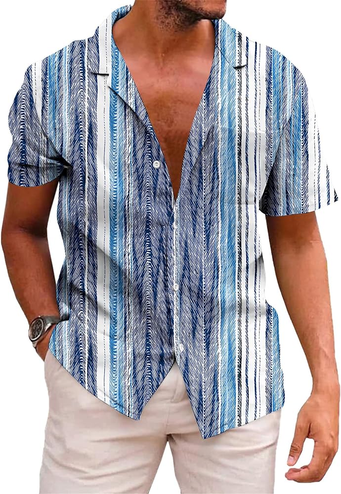 KYKU Hawaiian Shirt for Men Short Sleeve Button Down Summer Clothing Vacation Beach Shirts Stripe with Pockets