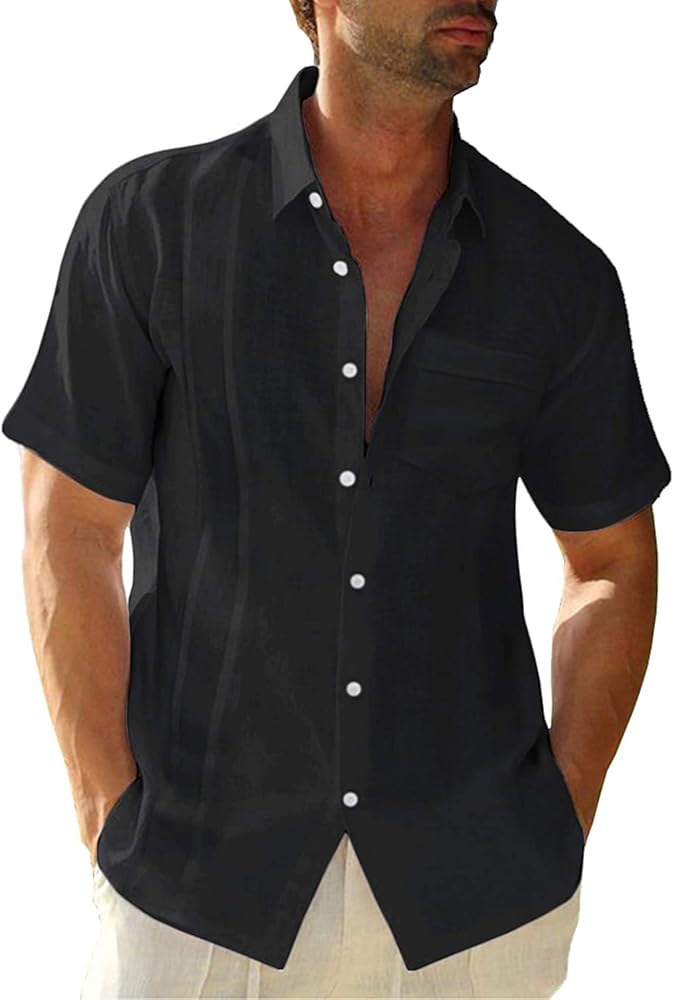 Mens Short Sleeve Guayabera Shirt Linen Cotton Cuban Shirt Button Down Summer Beach Tops