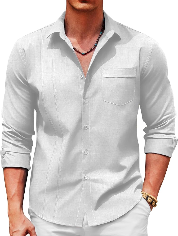 COOFANDY Mens Cuban Guayabera Shirts Casual Button Down Shirts Long Sleeve Linen Shirts Summer Beach