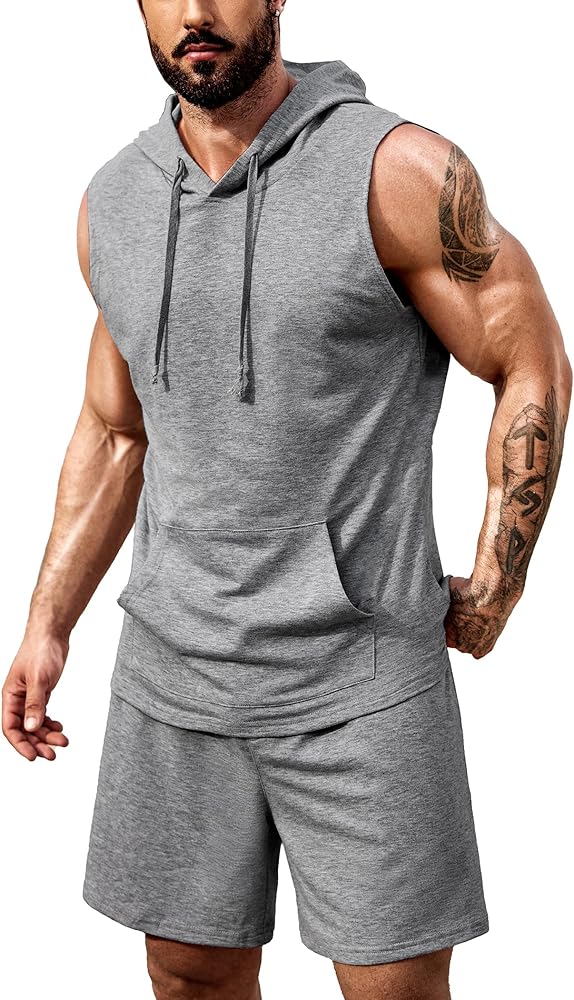 COOFANDY Men's Workout Hooded Tank Tops Sleeveless Gym Shirt Sweat Shorts Hoodie Set 2 Piece Outfits Jogging Suits