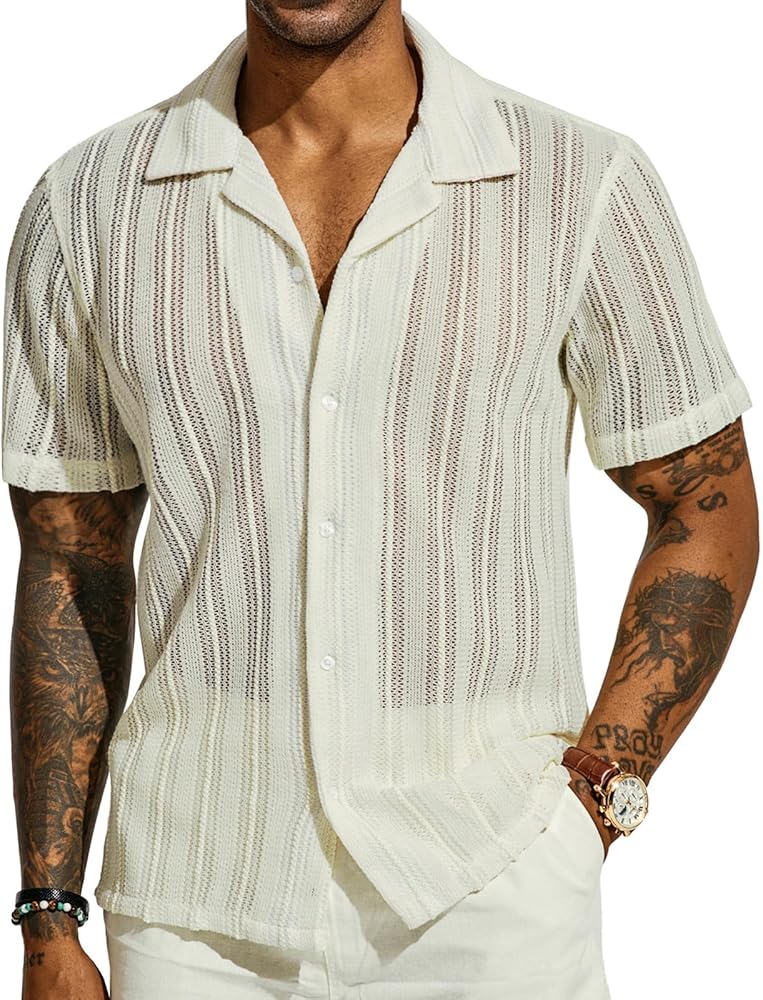 PJ PAUL JONES Men's Casual Button Down Shirts Cuban Collar Summer Beach Shirts