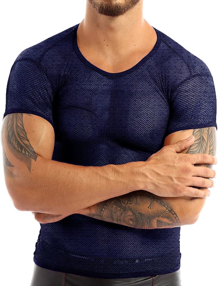 Men's See Through Shirts Fishnet Mesh Fitted Short Sleeve T-Shirts for Muscle Tops Clubwear