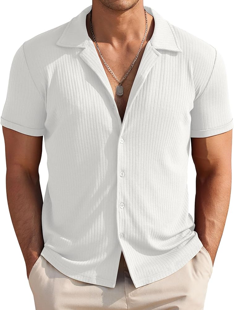 COOFANDY Mens Knit Button Down Shirt Short Sleeve Button Up Shirt Summer Casual Beach Tops