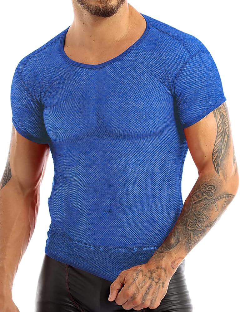 Men's See Through Shirts Fishnet Mesh Fitted Short Sleeve T-Shirts for Muscle Tops Clubwear