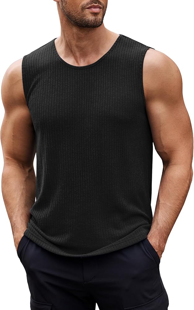 COOFANDY Men's Ribbed Knit Tank Tops Sleeveless Beach Muscle T Shirts Casual Basic Tank Shirts 2 Pack