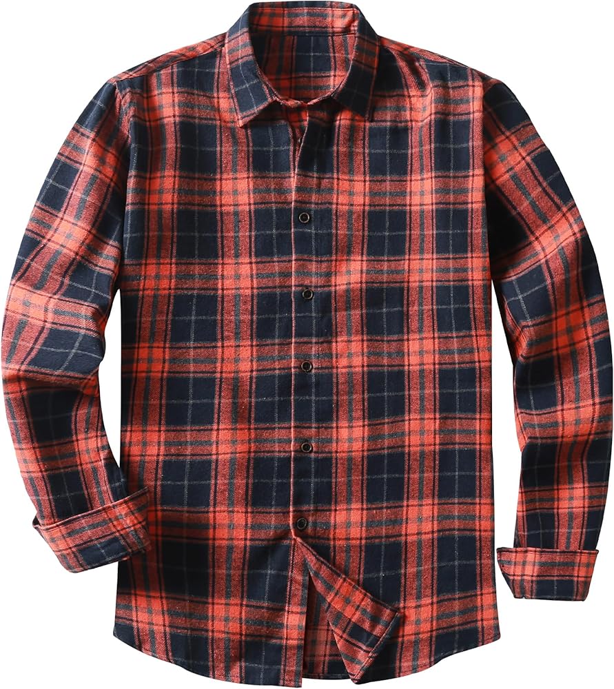 JMIERR Men's Flannel Shirts Casual Long Sleeve Button-Down Plaid Brushed Cotton Shirt