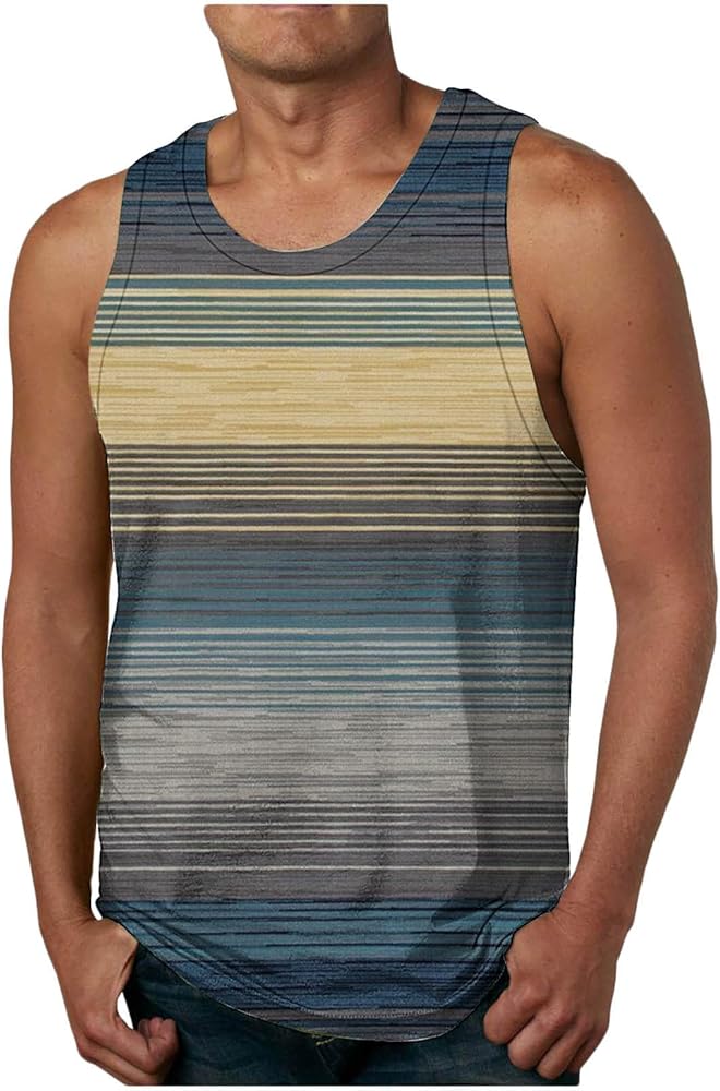 Muscularfit Men's Tank Tops Funny Striped Sleeveless Big and Tall Tee Tops Summer Casual Crewneck Vacation Tropical Shirts