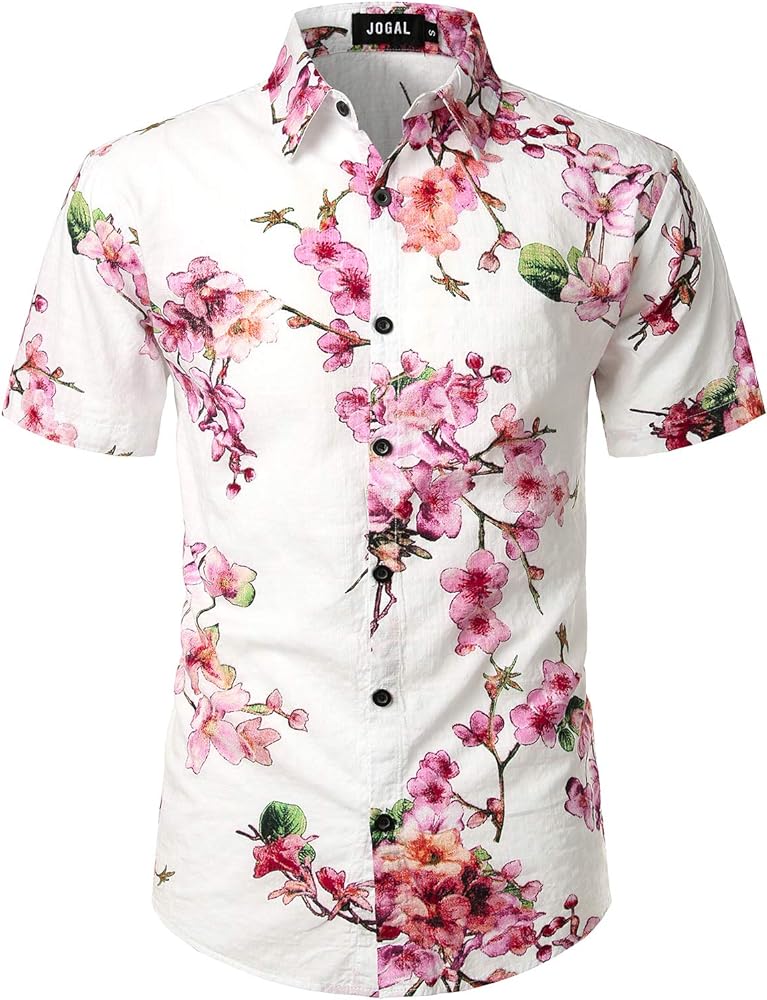 JOGAL Men's Flower Casual Button Down Short Sleeve Hawaiian Shirt