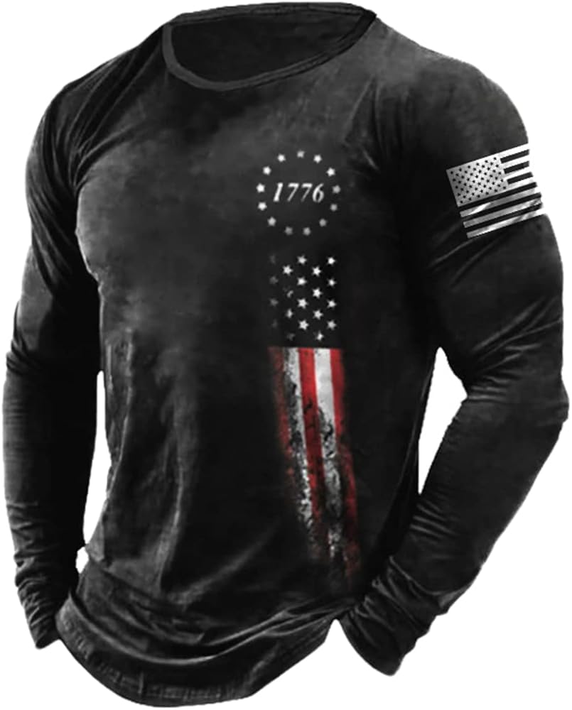 HARGLESMAN Mens Graphic T Shirt Long Sleeve 1776 American Flag Shirts