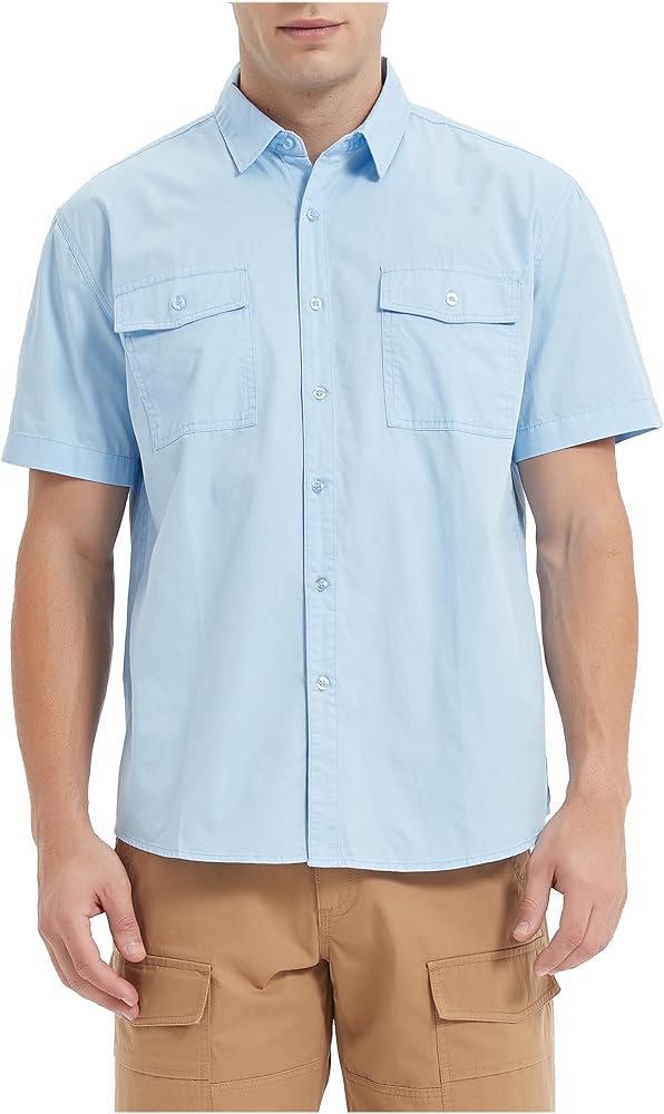 Tronjori Men's Short Sleeve Button Down Casual Woven Shirt Two Chest Pockets