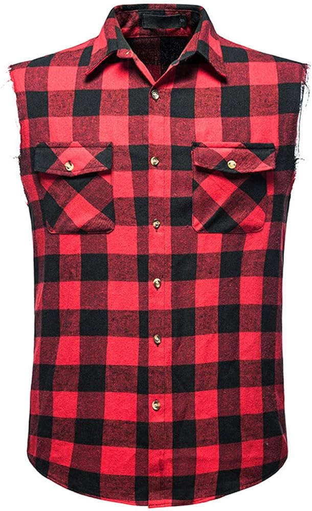 Casual Buffalo Plaid Tank Tops for Mens Button Down Sleeveless Cowboy Western Flannel Shirts Muscle Cut Off T-Shirts