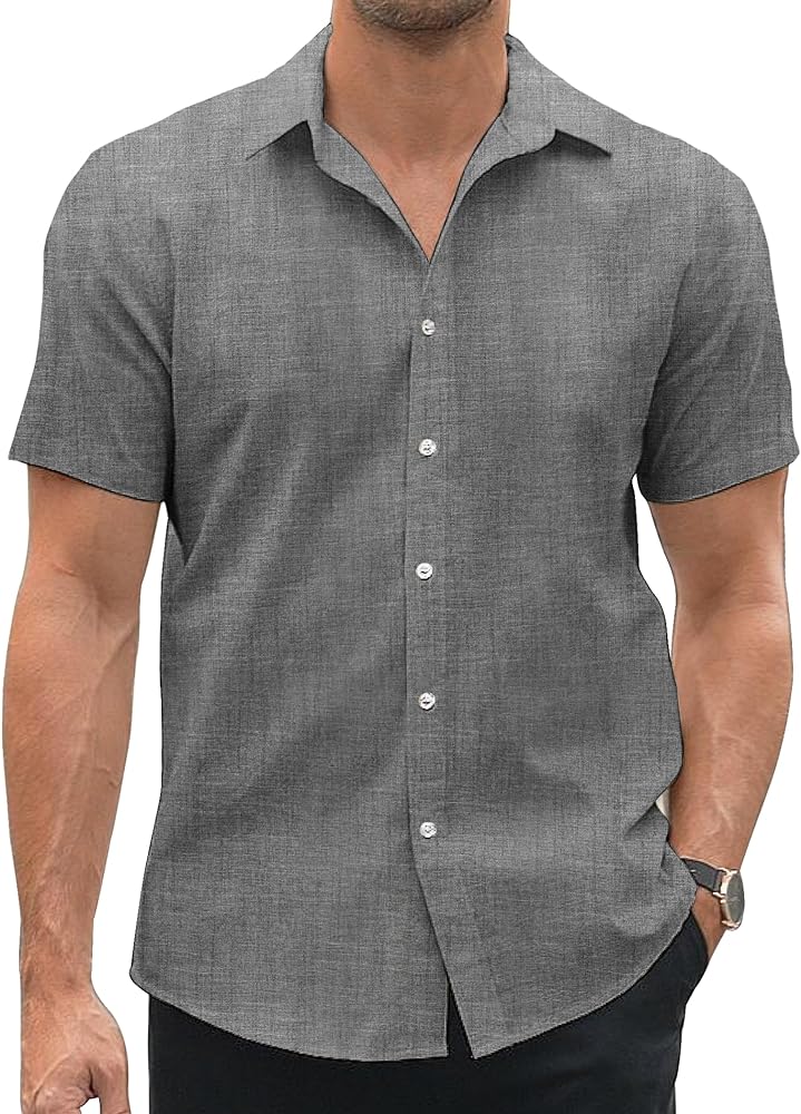 COOFANDY Men's Cotton Linen Short Sleeve Shirts Casual Lightweight Button Down Shirt Beach Summer Shirts