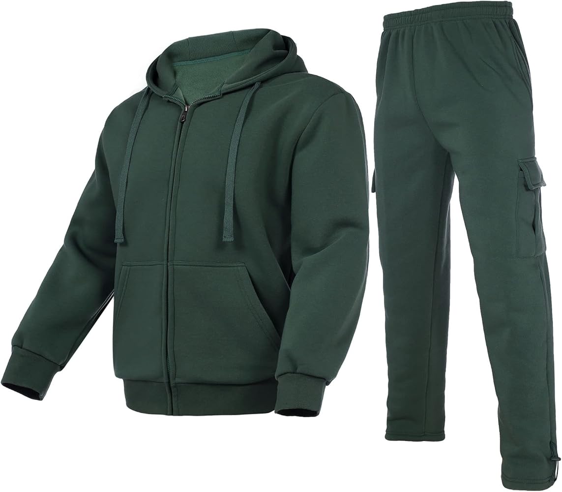 men's tracksuit sets outfit Activewear Full Zip fleece hoodie jacket cargo sweatpant casual sweatsuit 2 piece outdoor sportswear(Green,3XL)