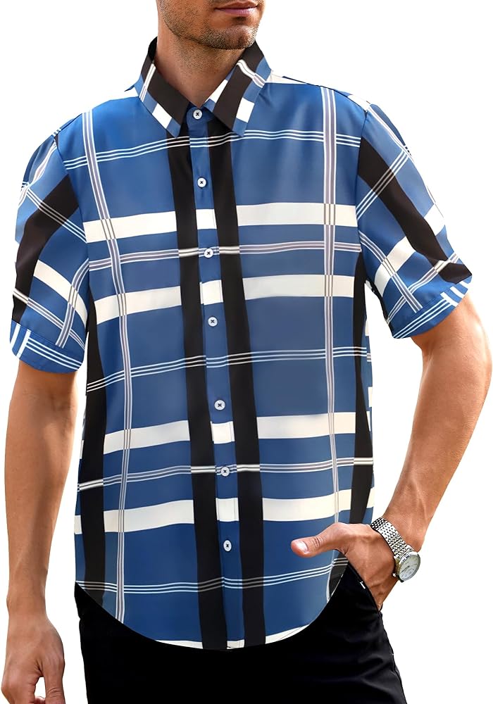 Mens Button Down Short Sleeve Shirt Slim Fit Plaid Shirt Summer Casual Button Up Shirt Men