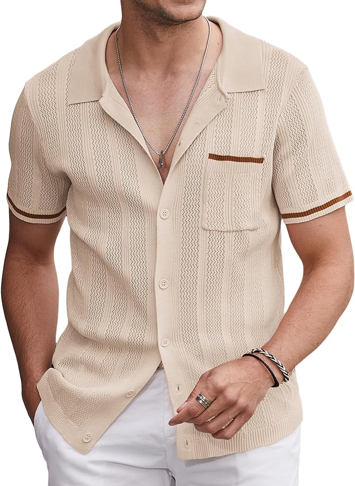 COOFANDY Men's Short Sleeve Knit Shirts Vintage Button Down Polo Shirt Casual Beach Tops