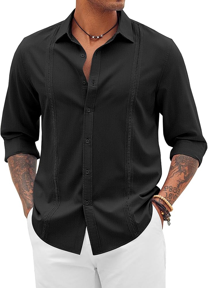 COOFANDY Mens Cuban Guayabera Shirts Button Down Long Sleeve Shirts Casual Beach Shirt