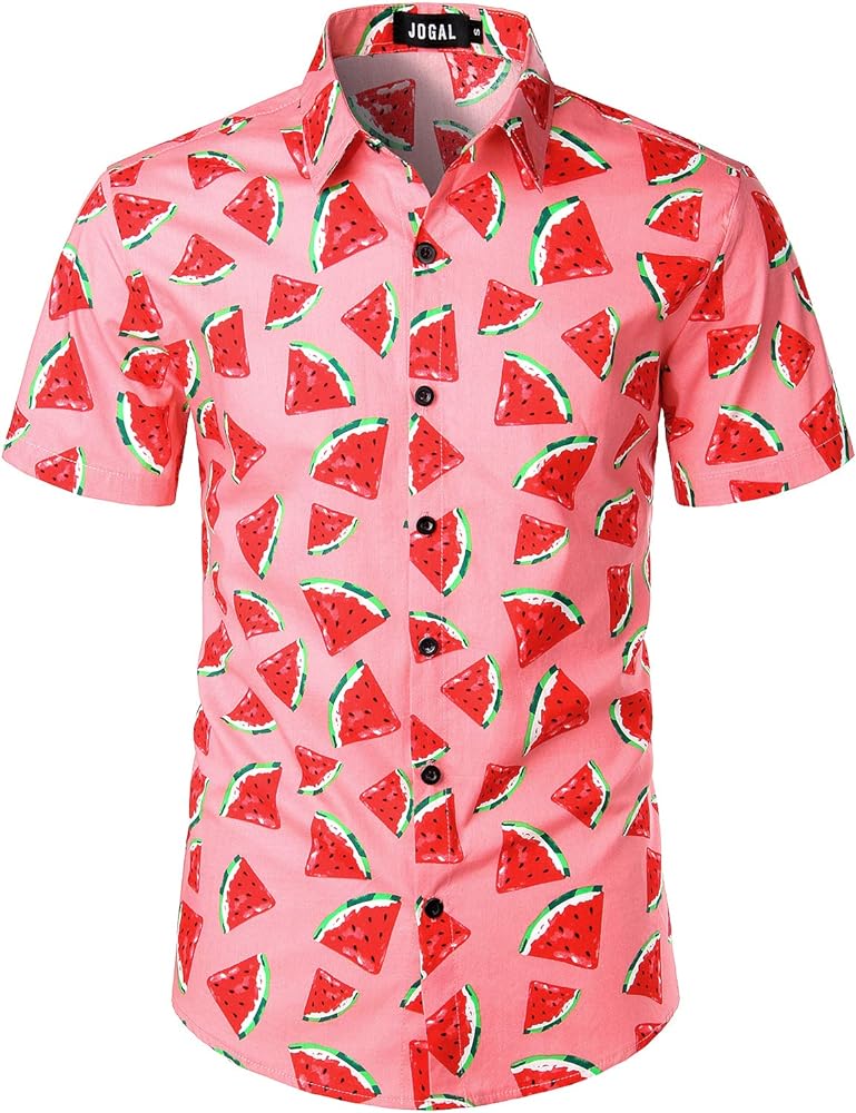 JOGAL Men's Cotton Button Down Short Sleeve Hawaiian Shirt