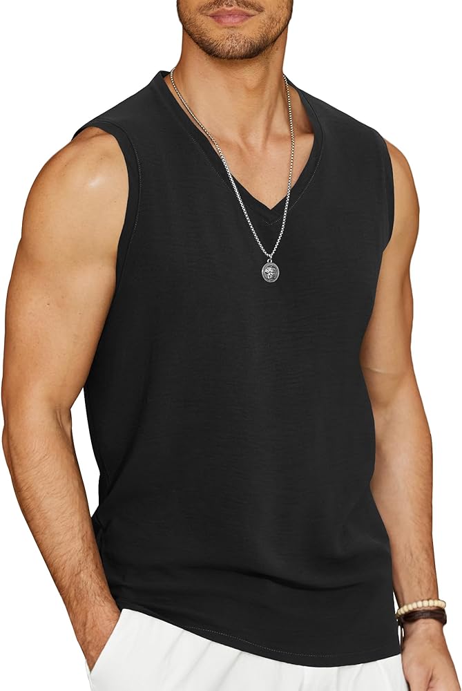 COOFANDY Men's V Neck Summer Beach Tank Top Sleeveless Casual Tank Shirts Hippie Tops