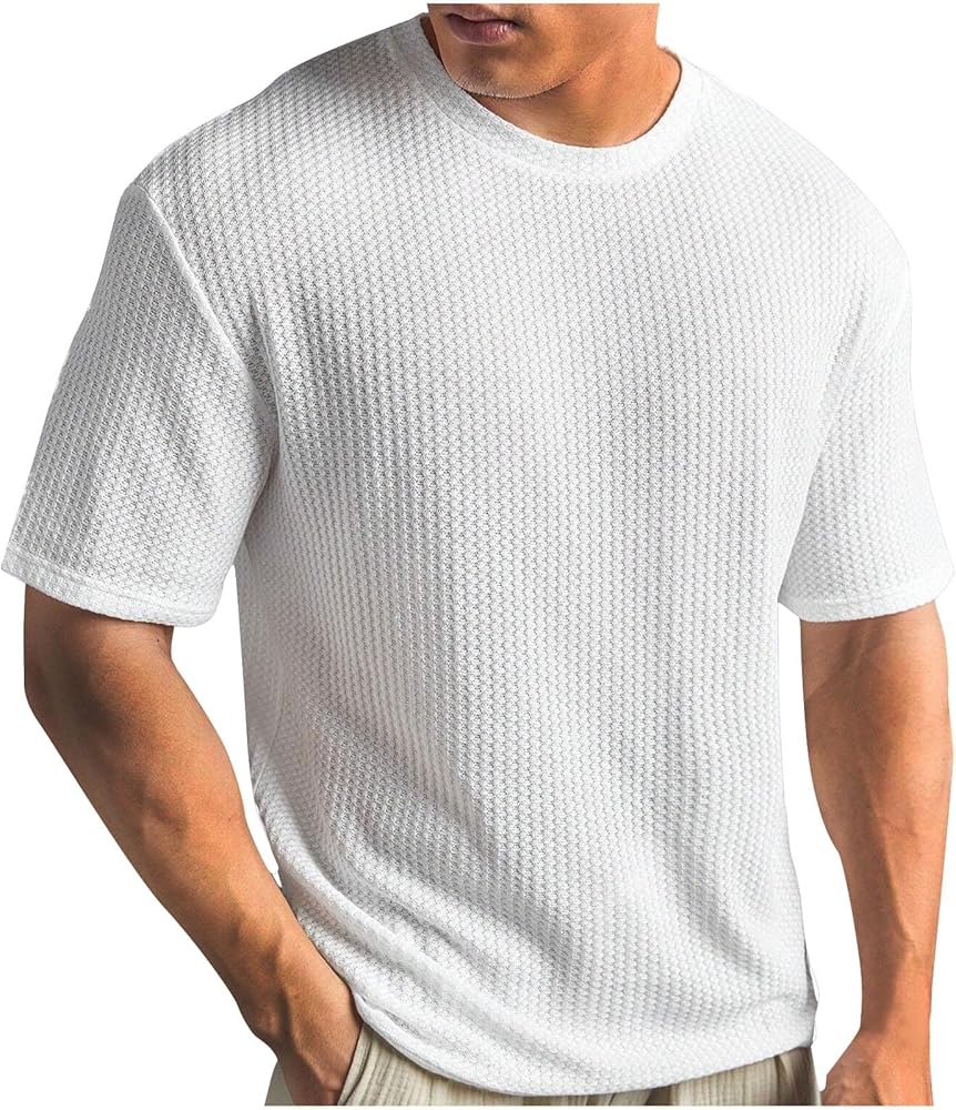 Men Knitted T-Shirts Solid Crewneck Pullover Short Sleeve Solid Simple Basic Tee Loose Relaxed Great Soft