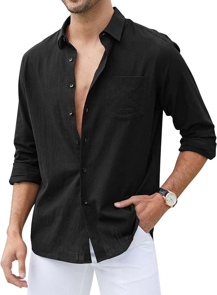 Men's Loose-Fit Long-Sleeve Untucked Cotton Linen Business Casual Button Down Shirt with Pocket