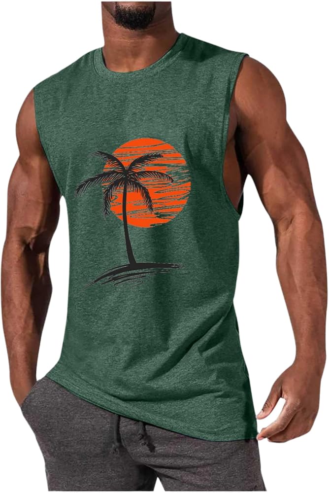 Mens Summer Beach Tank Top Hawaiian Palm Tree Print Sleeveless Basic Muscle Tee Vacation Tops