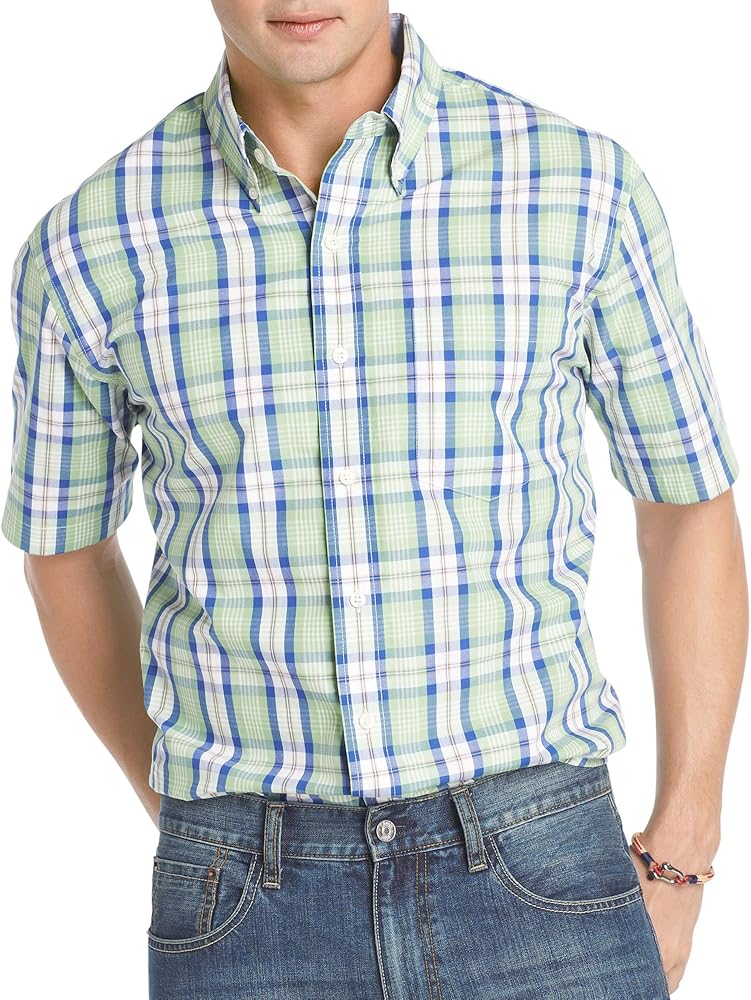 IZOD Men's Short Sleeve Cane Bay Small Plaid Button-Down Shirt