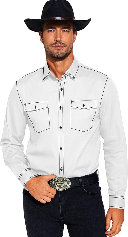 COOFANDY Mens Western Cowboy Shirts Cotton Long Sleeve Shirts with Two Pockets Embroidered