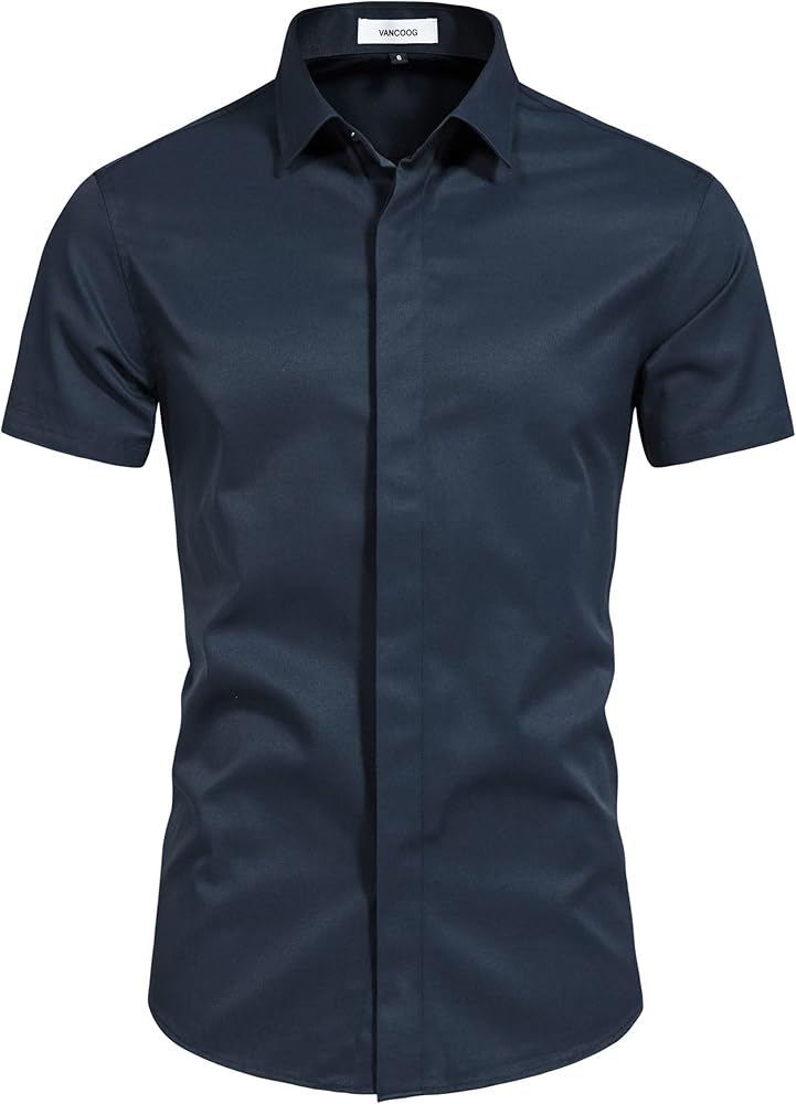 Men’s Short Sleeve Casual Solid Fancy Dress Shirts