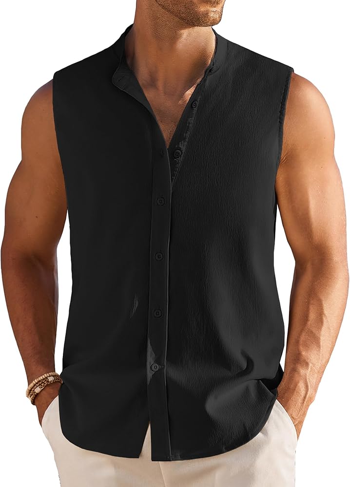 COOFANDY Men's Summer Beach Tank Tops Sleeveless Button Up Shirt Casual Textured Tank Shirts