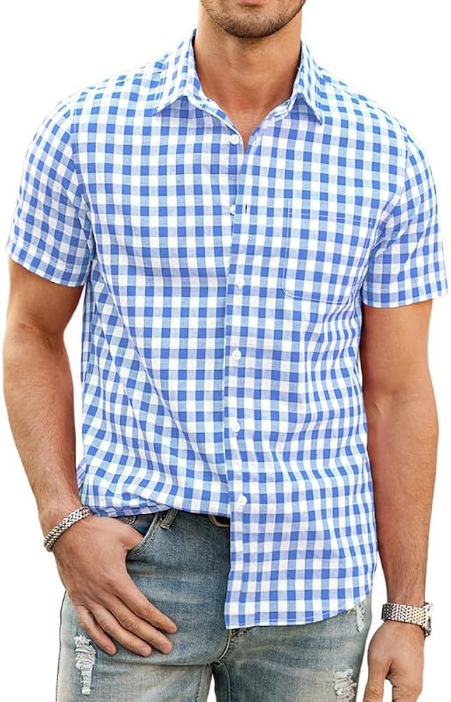 JMIERR Mens Casual Button Down Short Sleeve Shirts 100% Cotton Plaid Summer Shirts for Men with Pockets