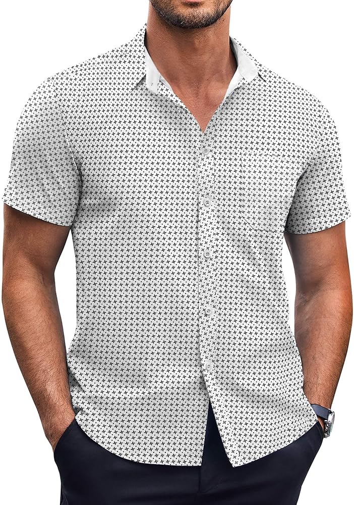 COOFANDY Mens Short Sleeve Button Down Shirts Wrinkle Free Dress Shirts Casual Polka Dot Print Shirt with Pocket