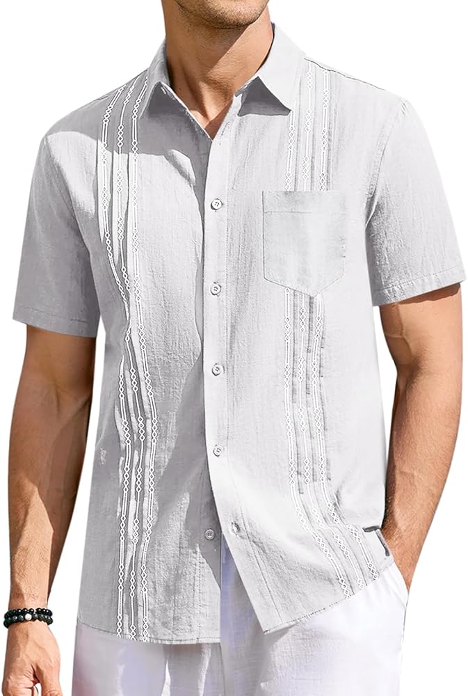 Runcati Mens Linen Shirt Guayabera Cuban Short Sleeve Button Down Summer Beach Hippie Shirts