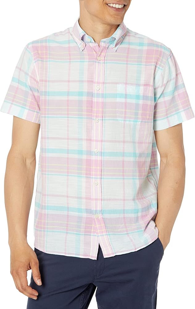 Brooks Brothers Men's Button Down Cotton Madras Short Sleeve Sport Shirt