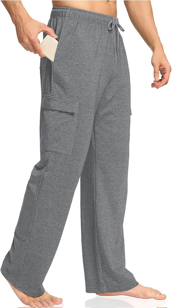 Deyeek Mens Lightweight Cargo Sweatpants Open Bottom Baggy Sweat Pants for Mens Straight Leg Lounge Sweatpants with Pockets