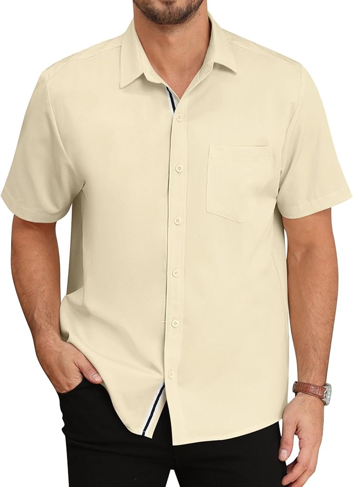 Mens Casual Button Down Shirt Short Sleeve Stretch Soft Dress Shirts Lined with Spliced Webbing