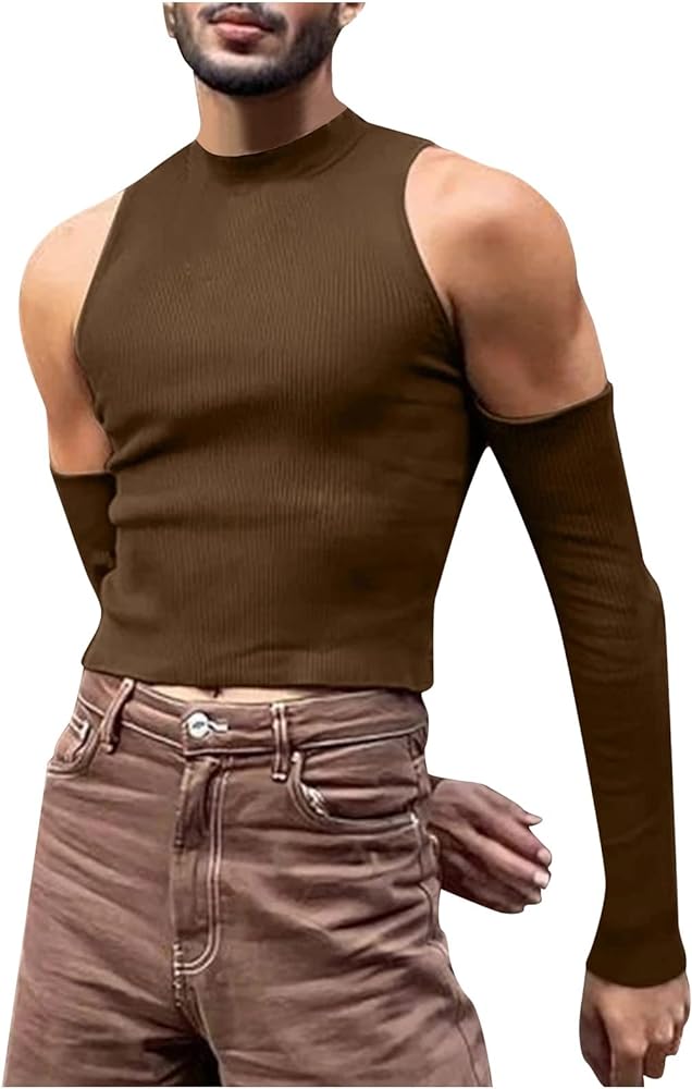 Mens Cold Shoulder Tops,Slim Fit Casual Pullover Skinny Long Sleeve T-Shirt Gay Sexy Crop Tops Mock Neck Tee