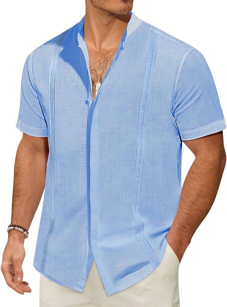 Mens Casual Linen Button Down Short Sleeve Shirts Beach Summer Spread Collar Pocket Tops