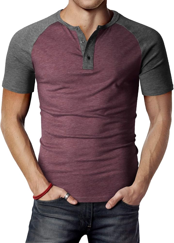 H2H Mens Henley - Raglan Short Sleeve Casual Slim Fit T-Shirts