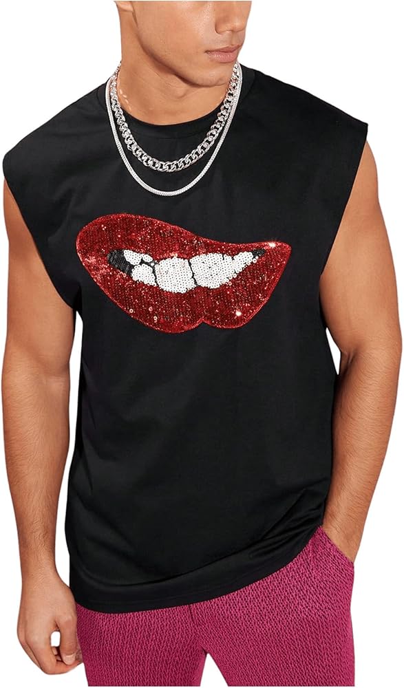 WDIRARA Men's Graphic Print Contrast Sequin Glitter T-shirts Crew Neck Sleeveless Tee Shirt Casual Street Tops