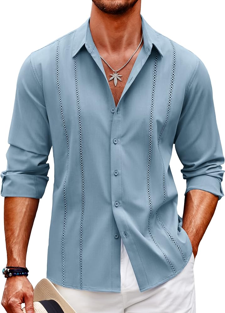 COOFANDY Mens Cuban Guayabera Shirt Casual Button Down Shirts Long Sleeve Summer Beach Shirts