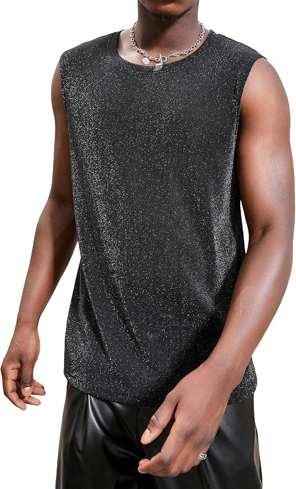 OYOANGLE Men's Glitter Tank Tops T Shirt Sleeveless Round Neck Club Party Top