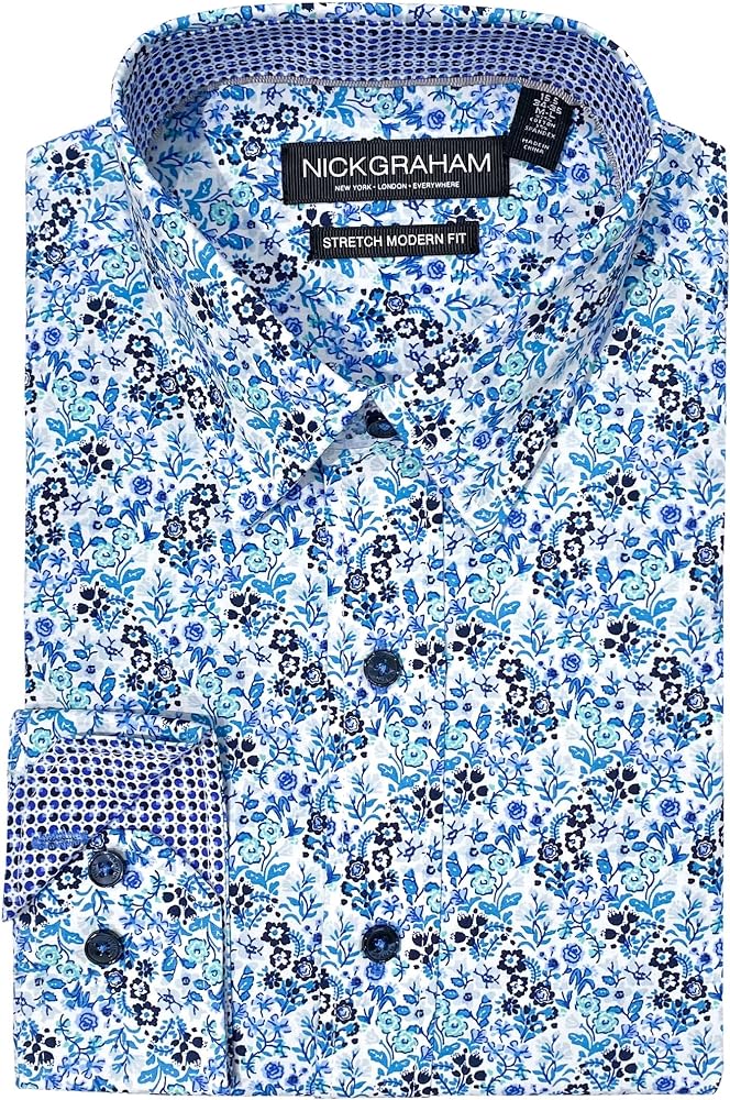 Nick Graham Long Sleeve Wildflower Floral Dress Shirt for Men, Wrinkle Free Men’s Dress Shirt with Performance Fabric