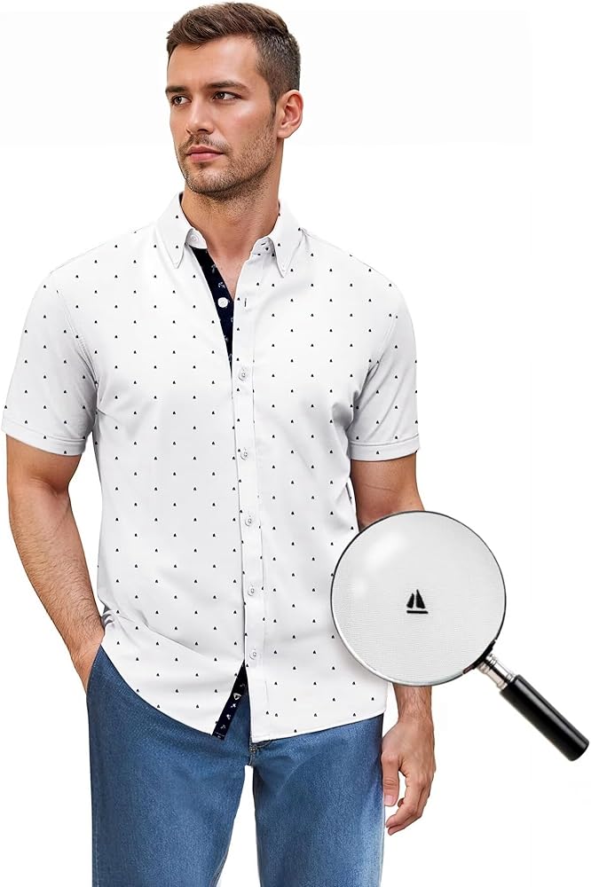 ETHANOL Mens Slim Fit Short Sleeve Button Down Polo Tech Stretch Printed Shirt